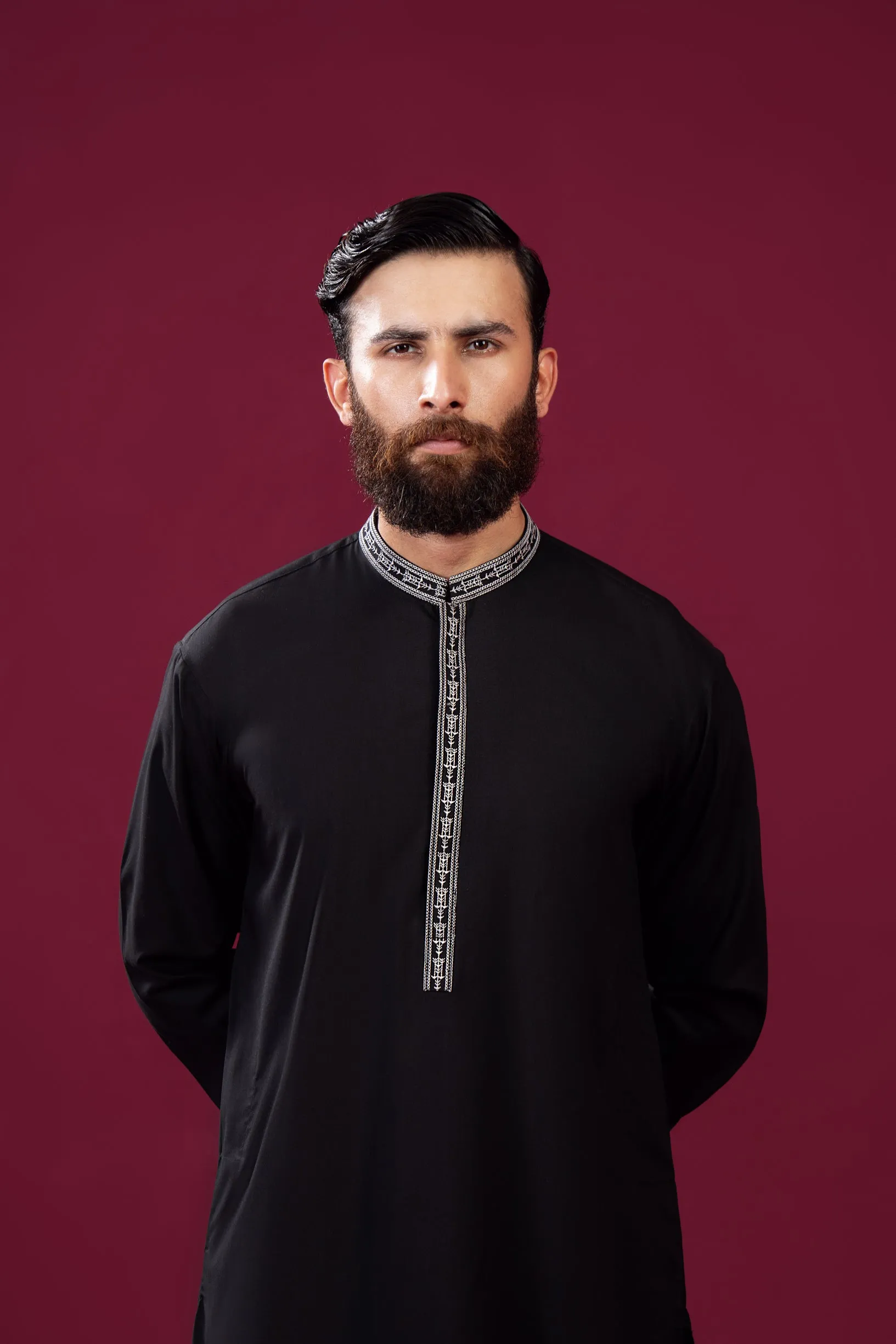 Formal Black Kurta Shalwar - Falling Collar Neck Embroidered - Men