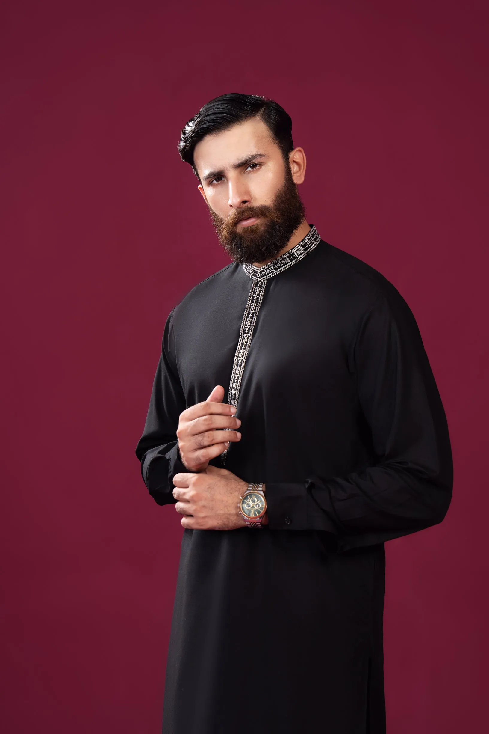 Formal Black Kurta Shalwar - Falling Collar Neck Embroidered - Men