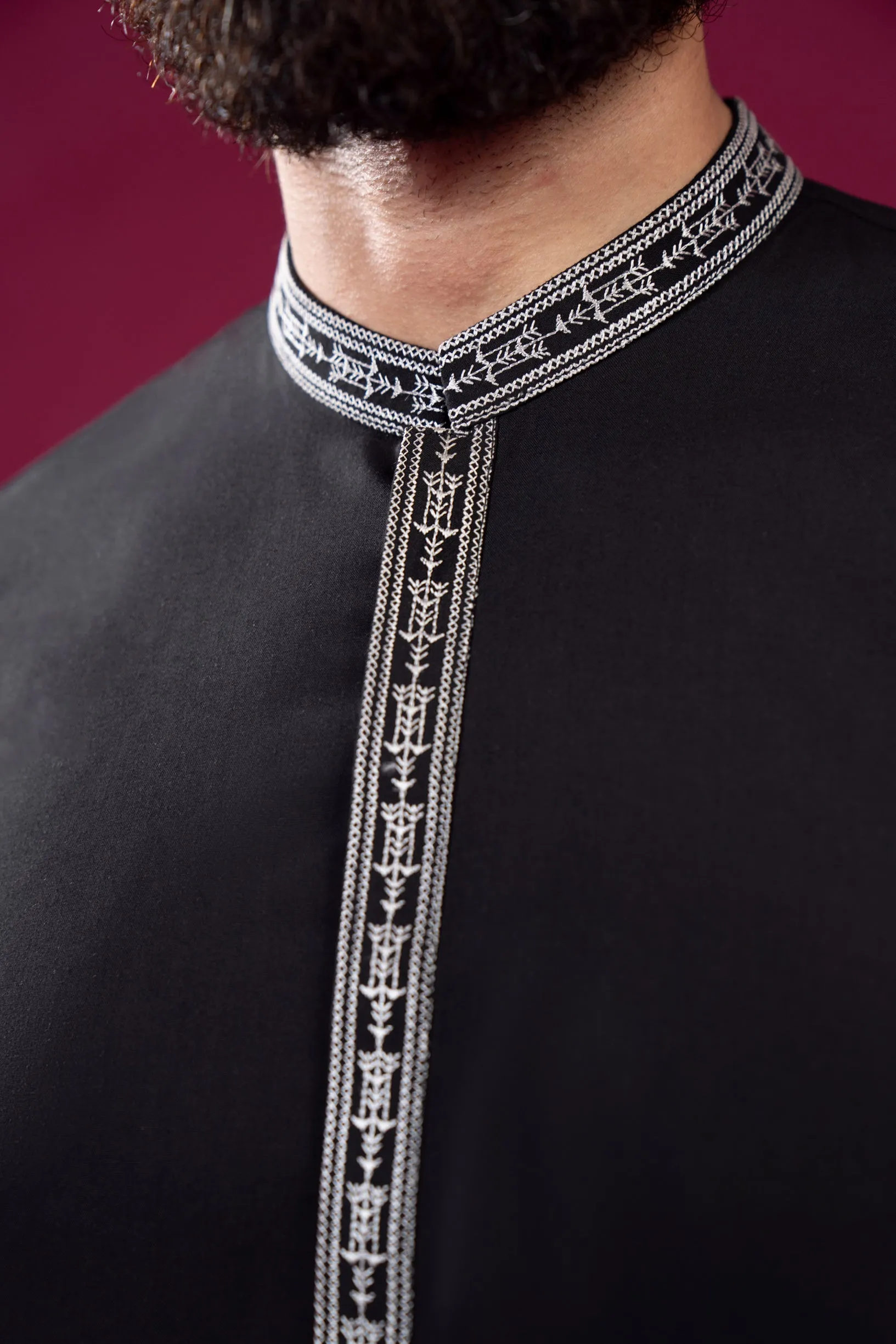 Formal Black Kurta Shalwar - Falling Collar Neck Embroidered - Men