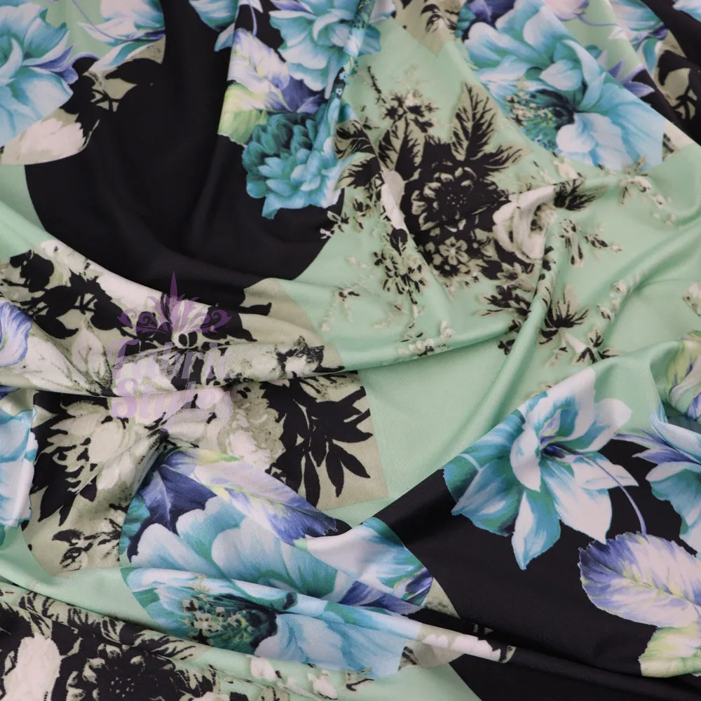 FS956 Mint Floral Soft Touch Silky Stretch Knit Fabric Black & Mint