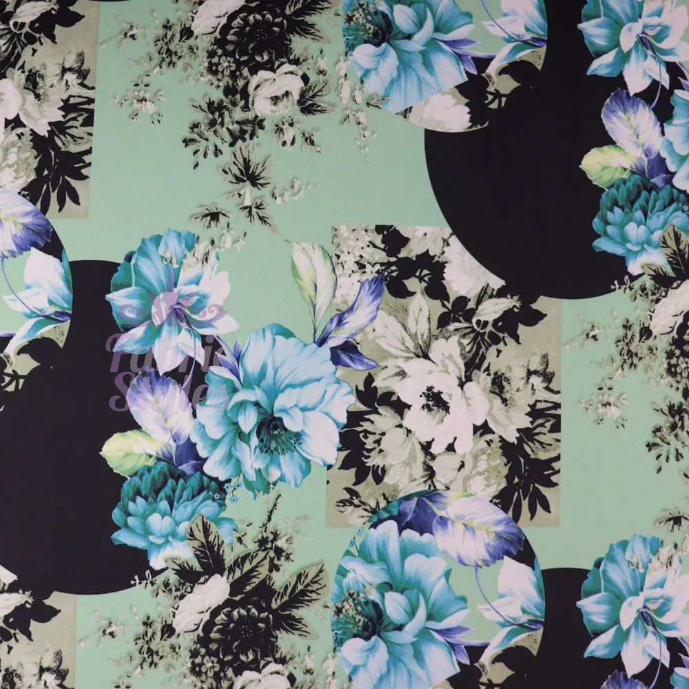 FS956 Mint Floral Soft Touch Silky Stretch Knit Fabric Black & Mint