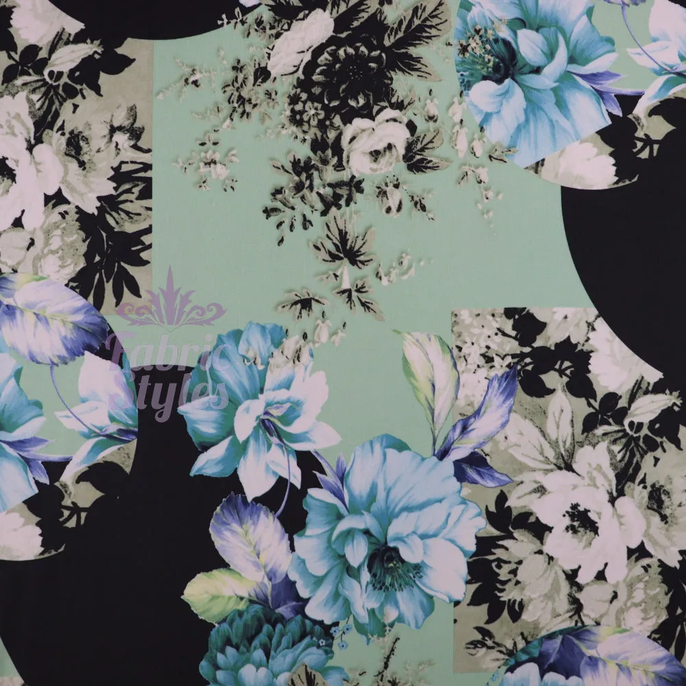 FS956 Mint Floral Soft Touch Silky Stretch Knit Fabric Black & Mint