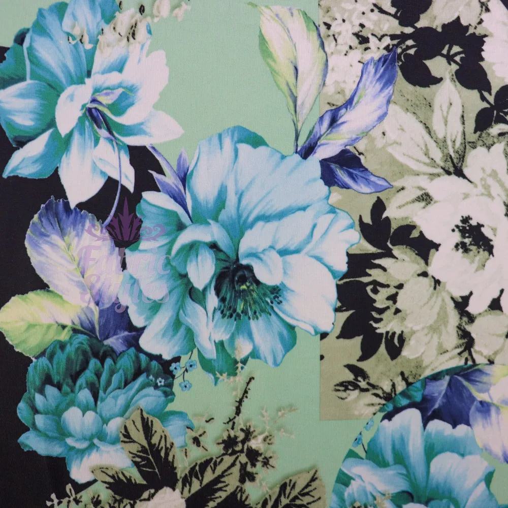 FS956 Mint Floral Soft Touch Silky Stretch Knit Fabric Black & Mint