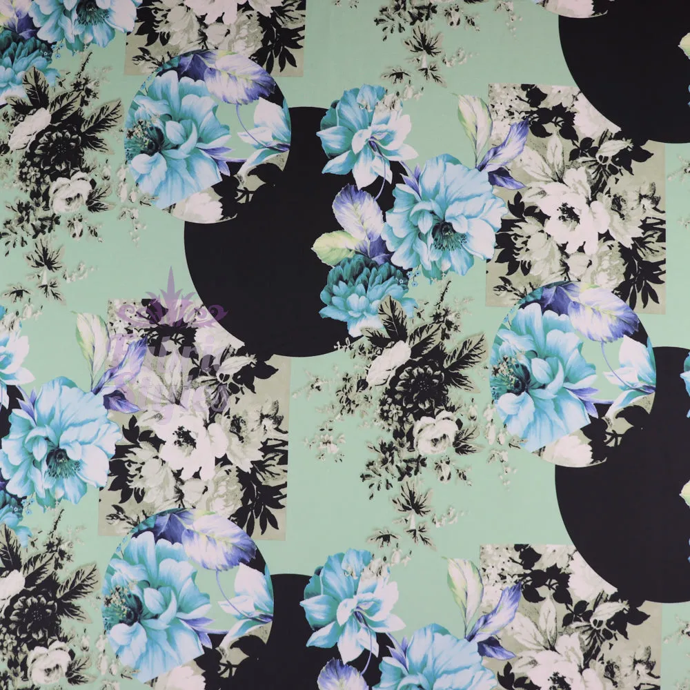 FS956 Mint Floral Soft Touch Silky Stretch Knit Fabric Black & Mint