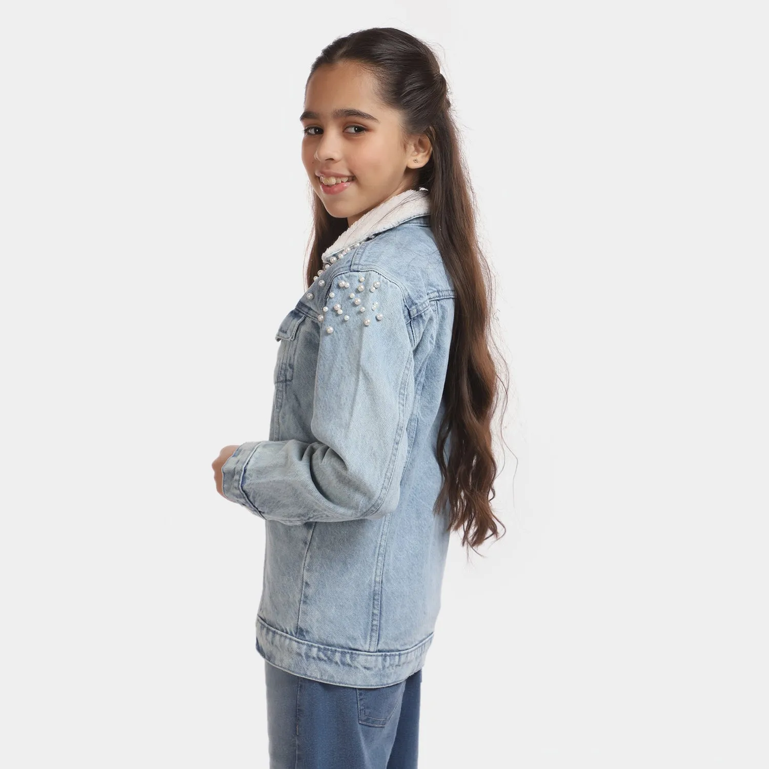 Girls Denim Jacket Pearls - LIGHT BLUE