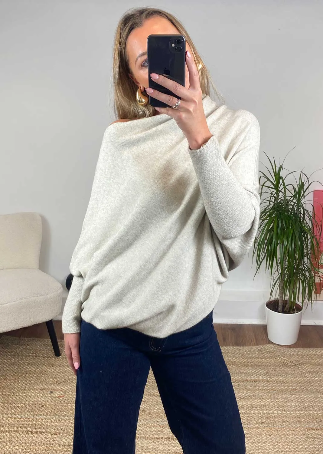 Grace Asymmetric Knit Jumper in Beige