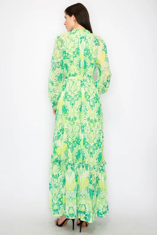 Green Combo Floral Print Button Down Closure Self Tie Maxi Dress