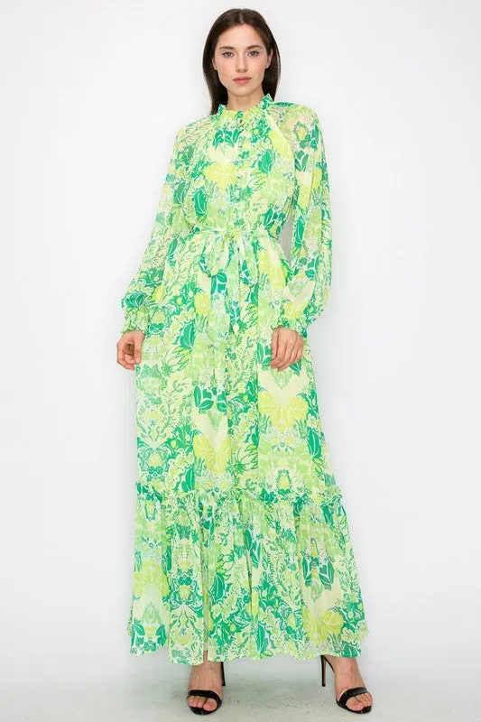 Green Combo Floral Print Button Down Closure Tie Maxi Dress