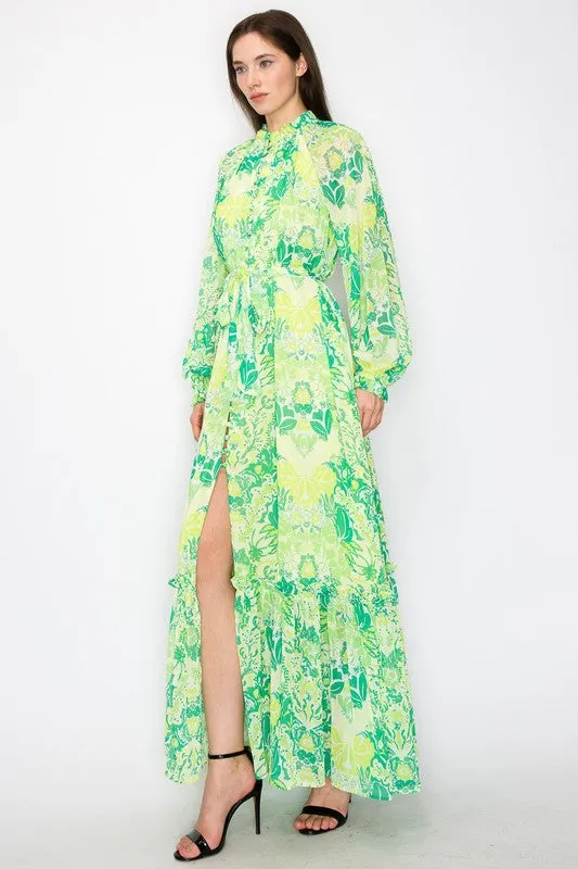 Green Combo Floral Print Button Down Closure Tie Maxi Dress