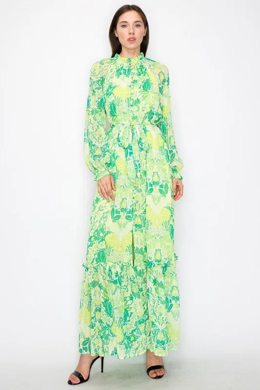 Green Combo Floral Print Button Down Closure Tie Maxi Dress