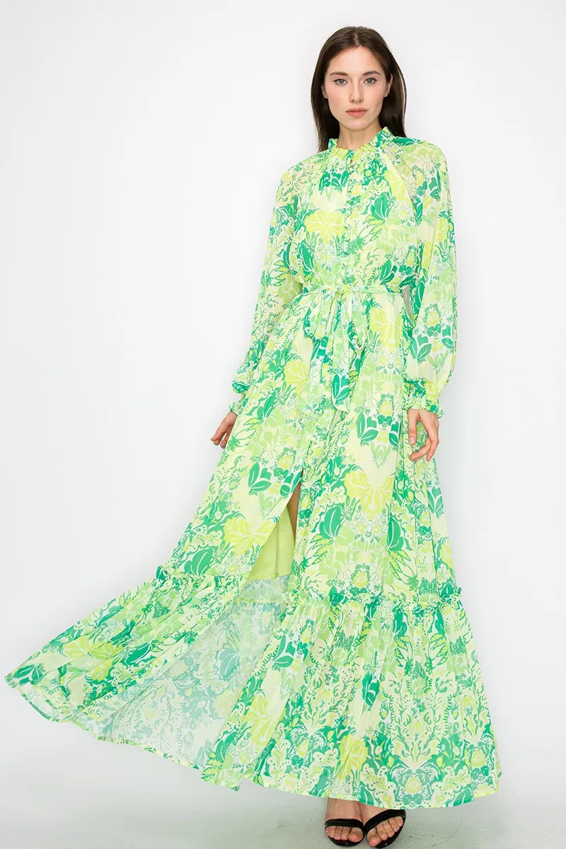 Green Combo Floral Print Button Down Closure Tie Maxi Dress