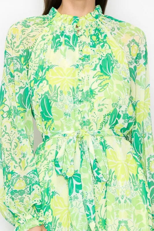 Green Combo Floral Print Button Down Closure Tie Maxi Dress