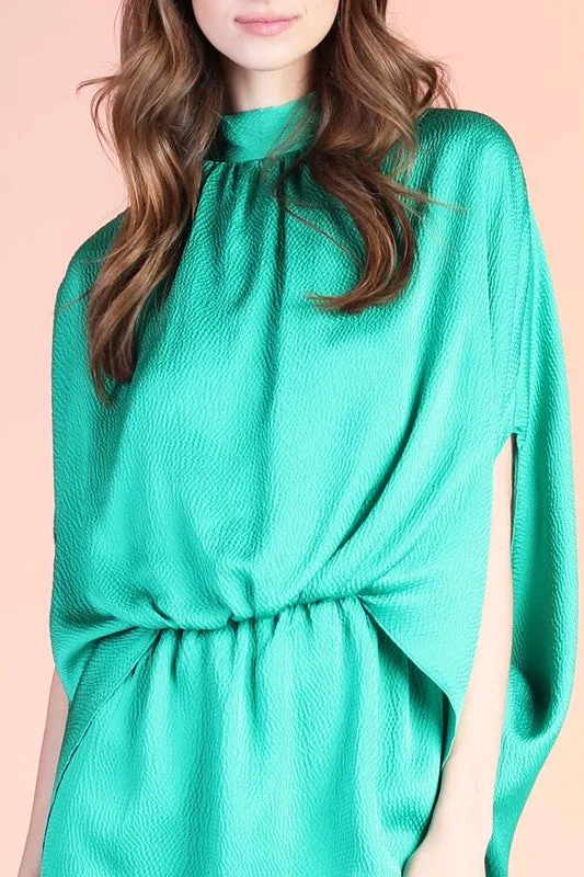 Green Hammered Satin Mock Neck Caftan Mini Dress