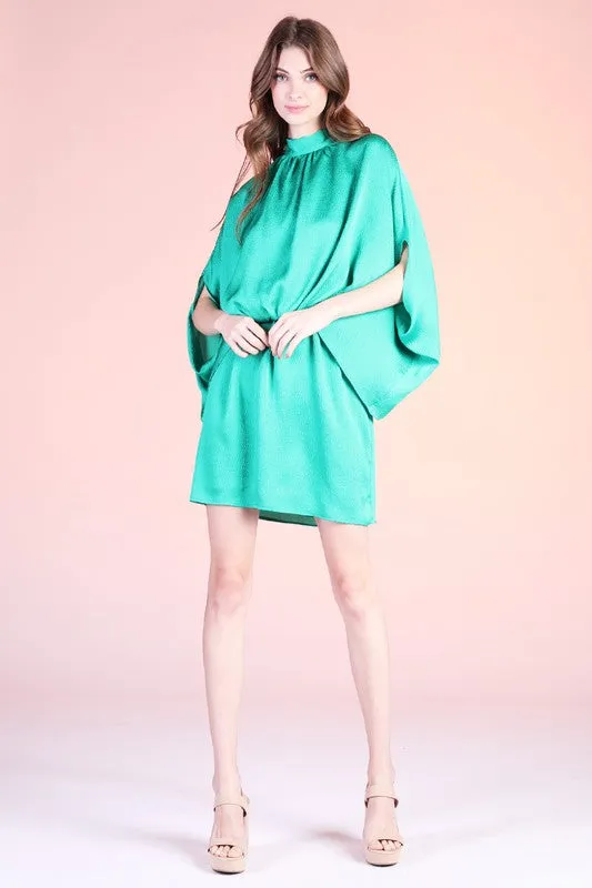 Green Hammered Satin Mock Neck Caftan Mini Dress