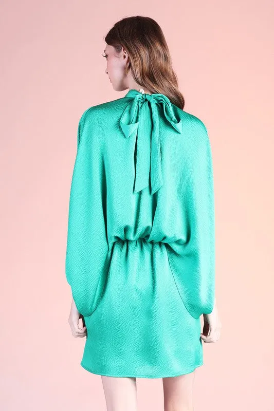 Green Hammered Satin Mock Neck Caftan Mini Dress