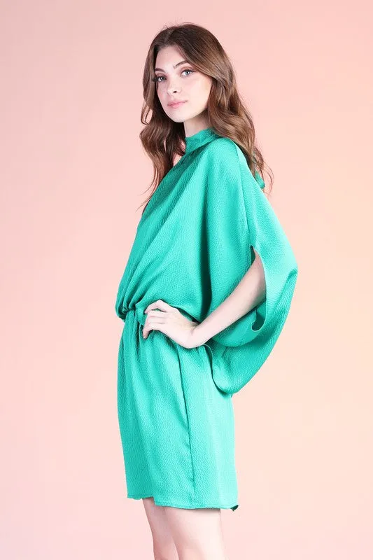 Green Hammered Satin Mock Neck Caftan Mini Dress