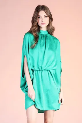 Green Hammered Satin Mock Neck Caftan Mini Dress