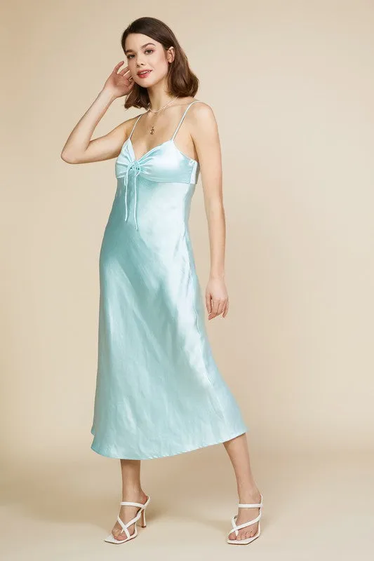 Ice Blue Satin Tie Bust Midi Dress