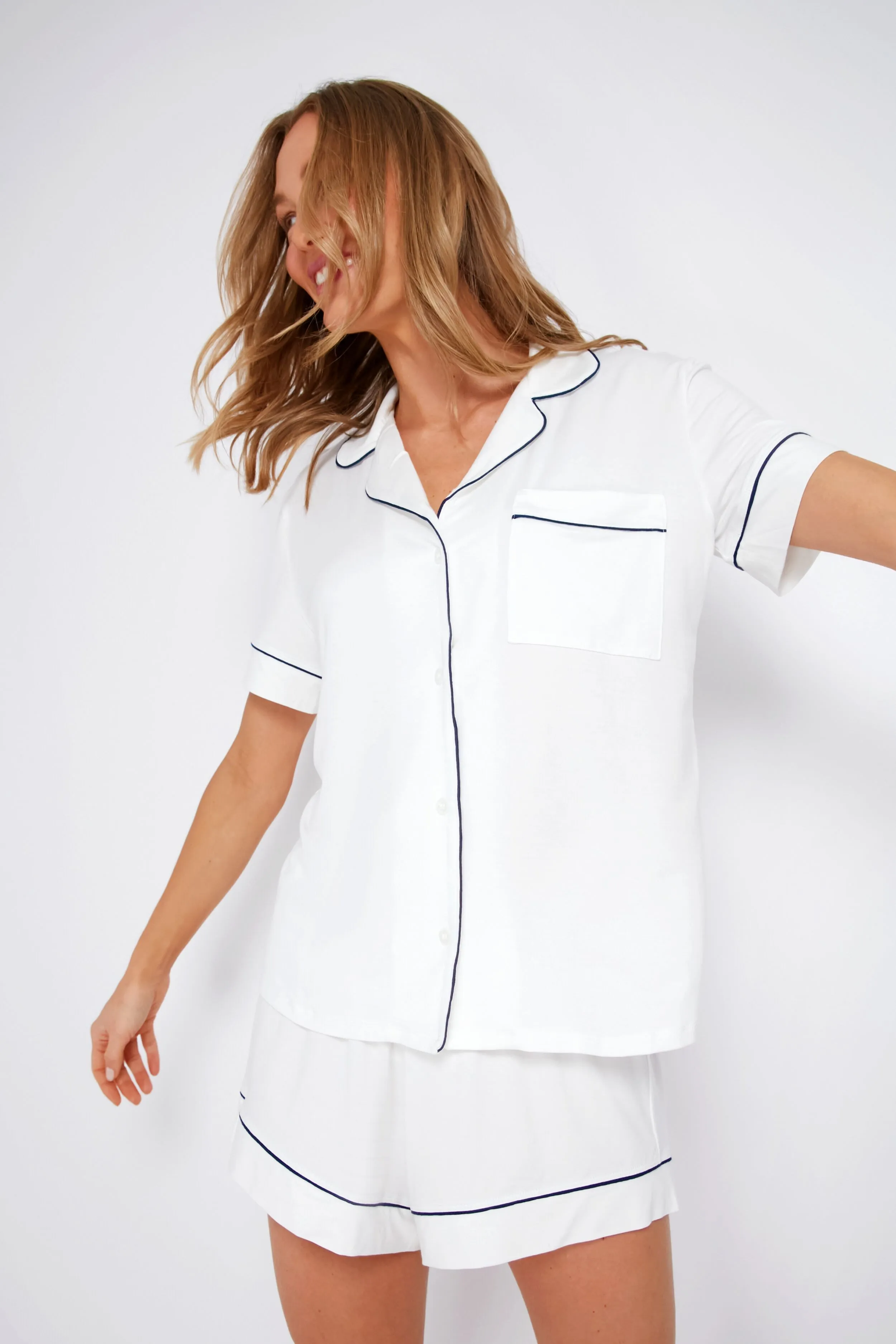 Ivory and Navy Gisele Short Sleeve PJ Set