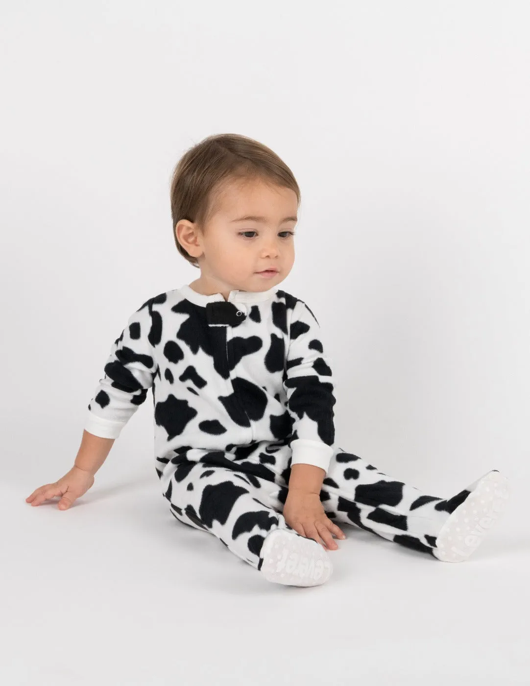 Kid's Footed Black Cow Fleece Pajamas