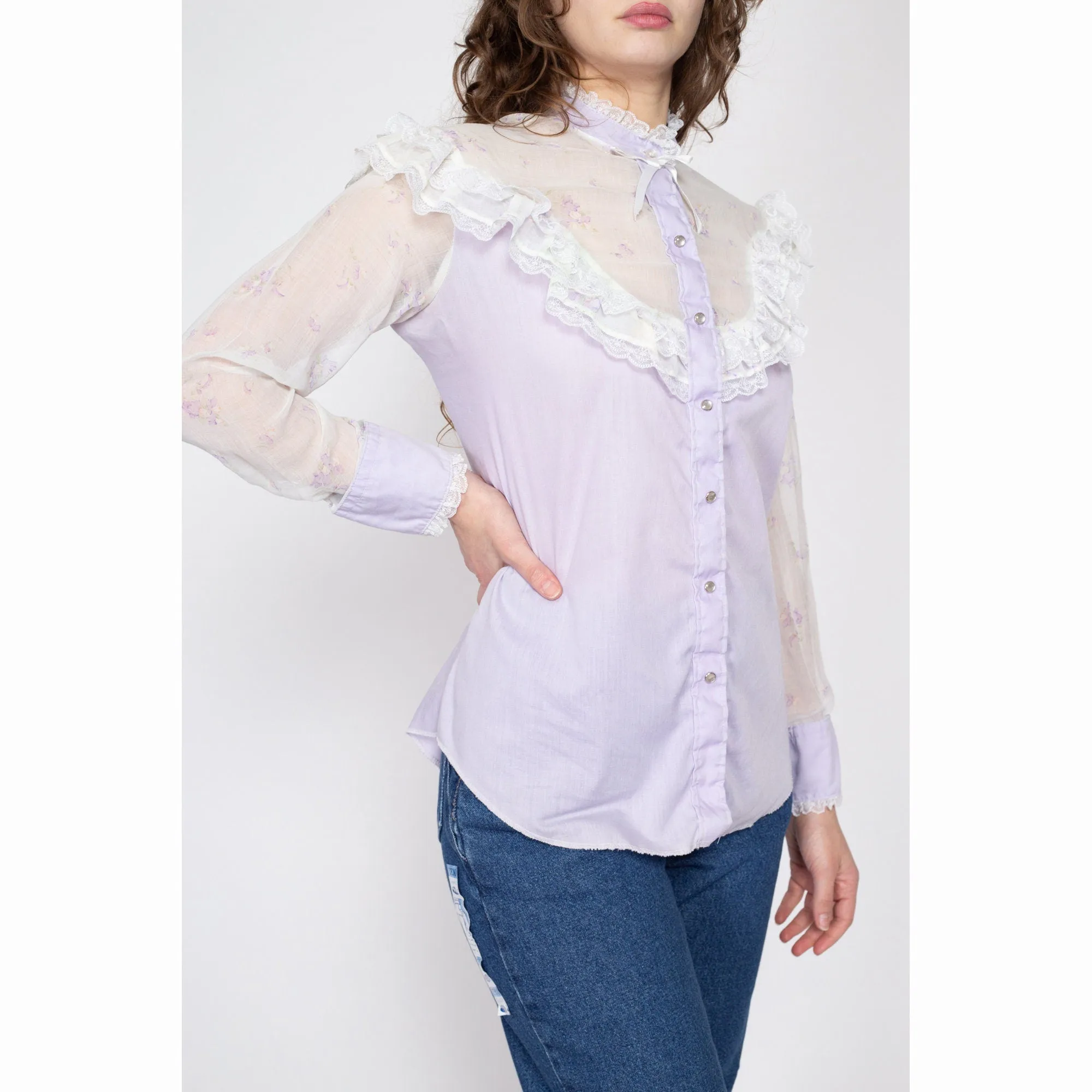 Large 70s Pastel Purple Western Lace Trim Prairie Blouse