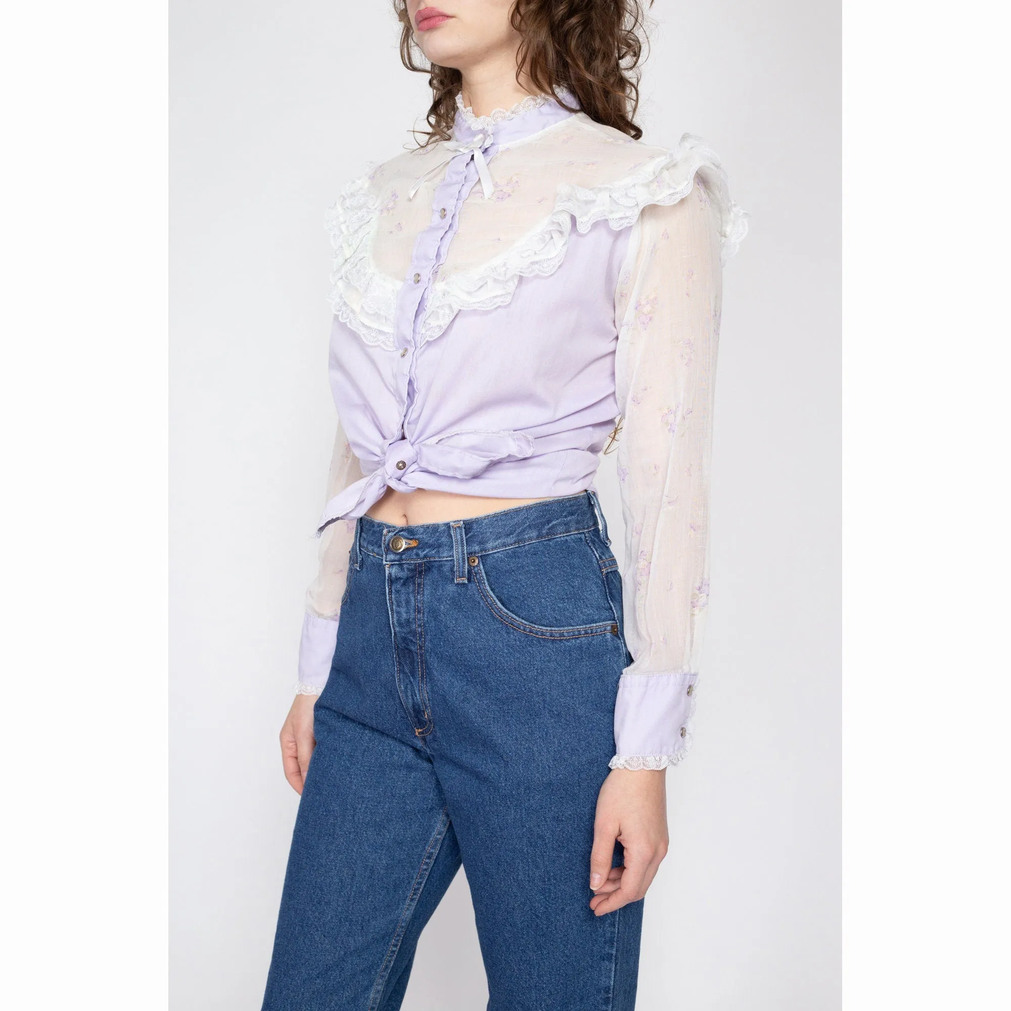 Large 70s Pastel Purple Western Lace Trim Prairie Blouse