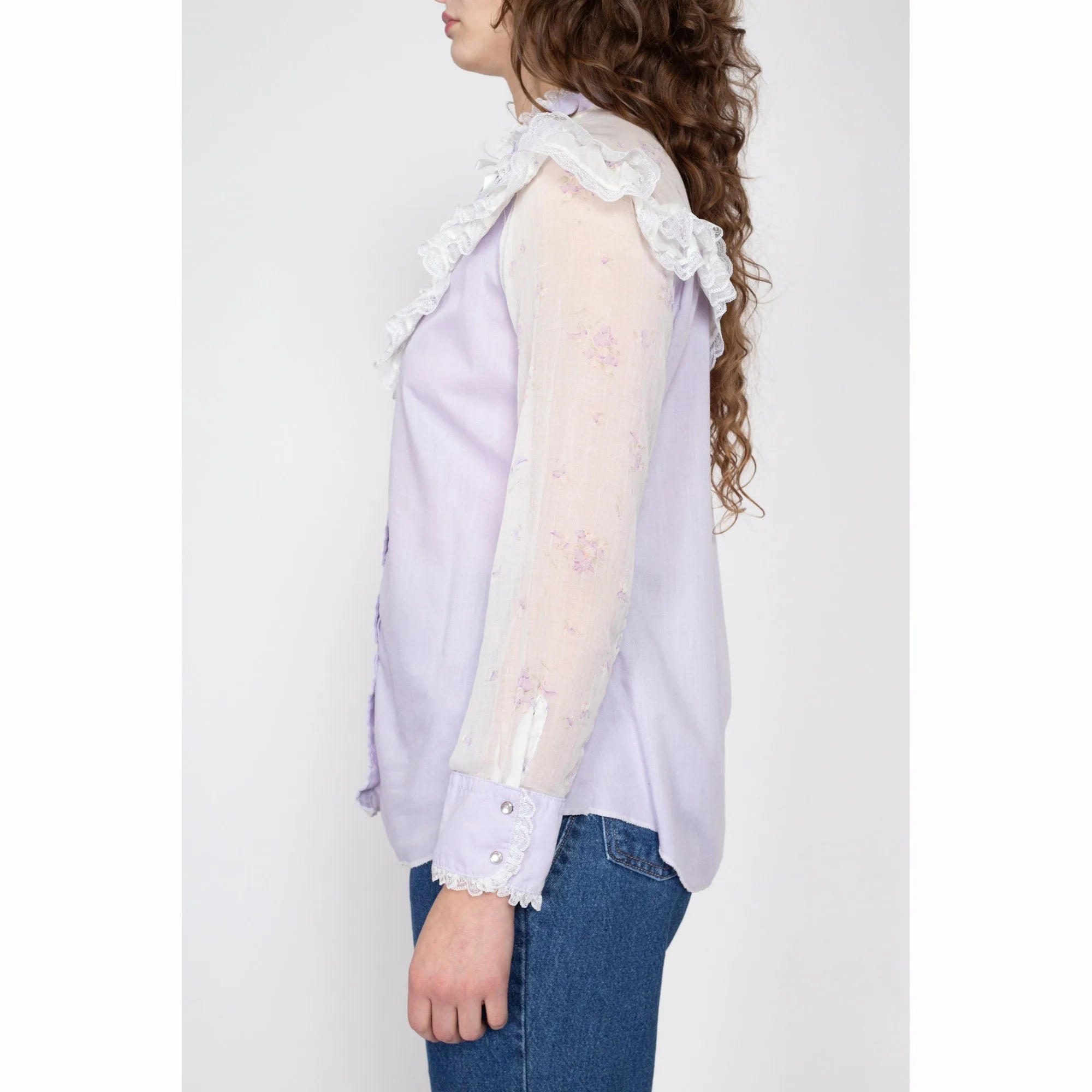 Large 70s Pastel Purple Western Lace Trim Prairie Blouse