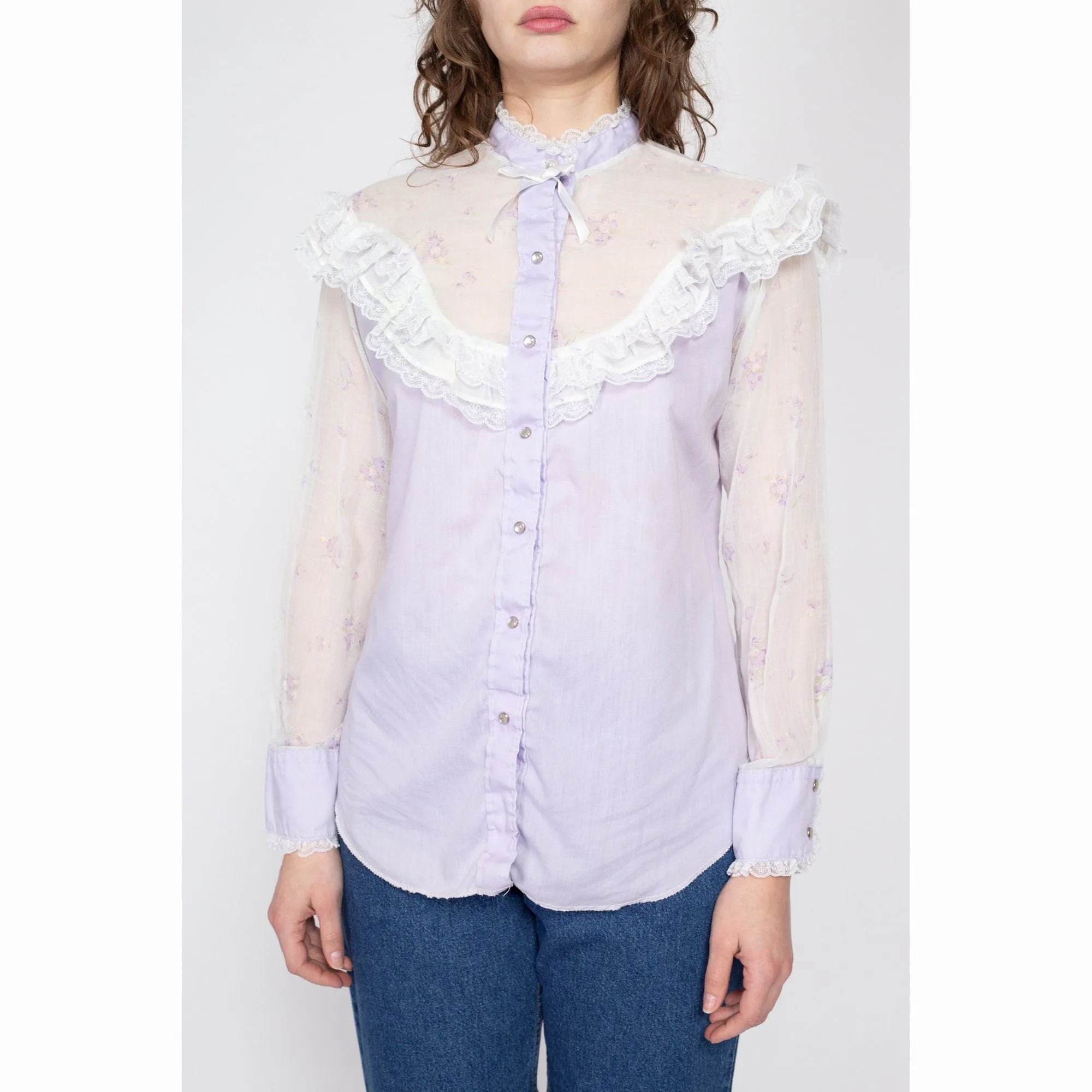 Large 70s Pastel Purple Western Lace Trim Prairie Blouse