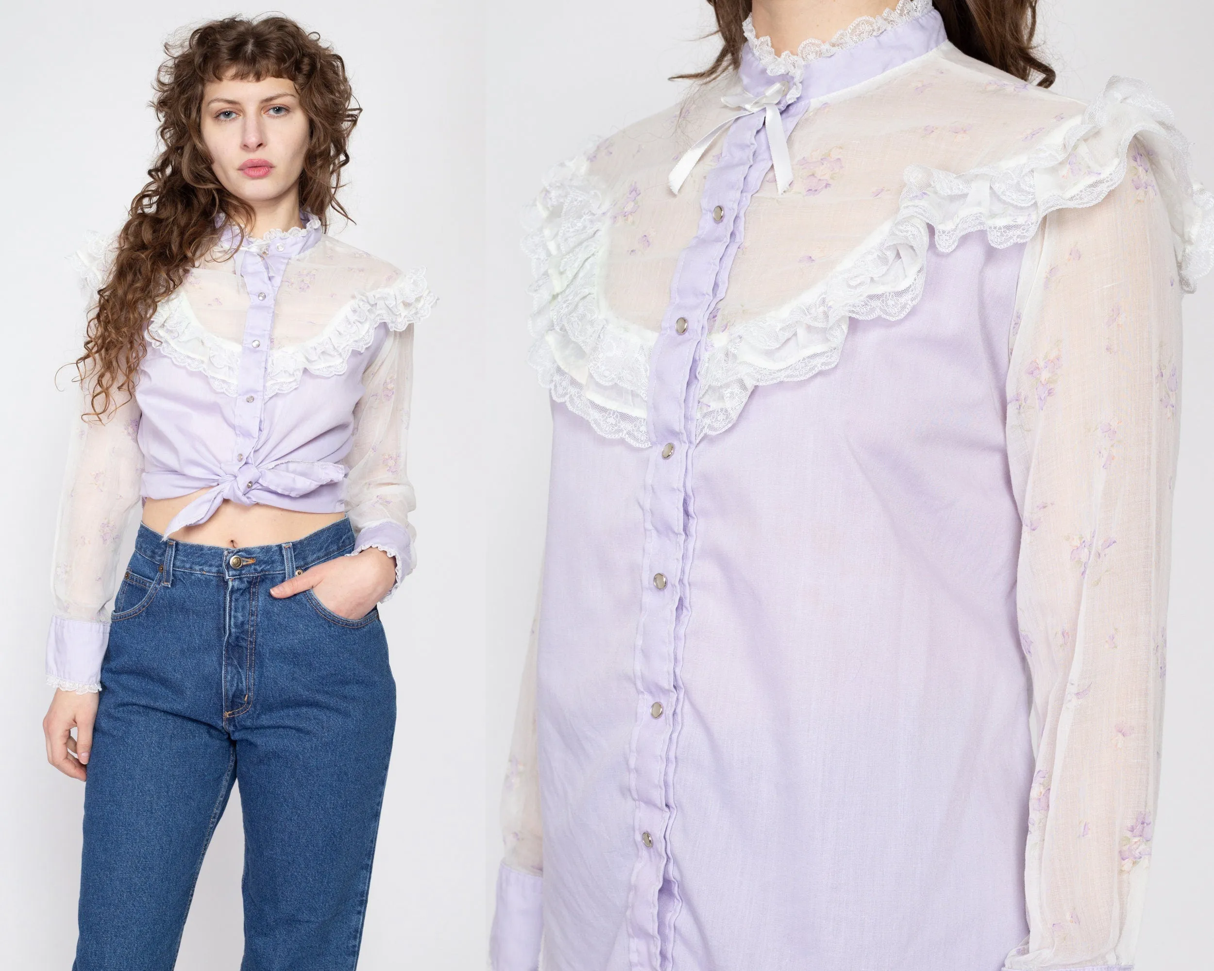 Large 70s Pastel Purple Western Lace Trim Prairie Blouse