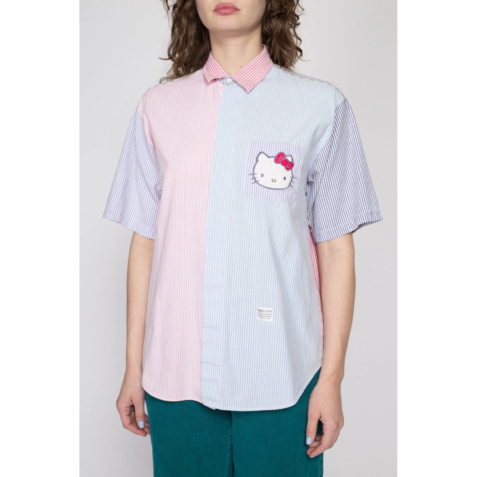 Large 80s 90s Hello Kitty Pastel Striped Button Up Top