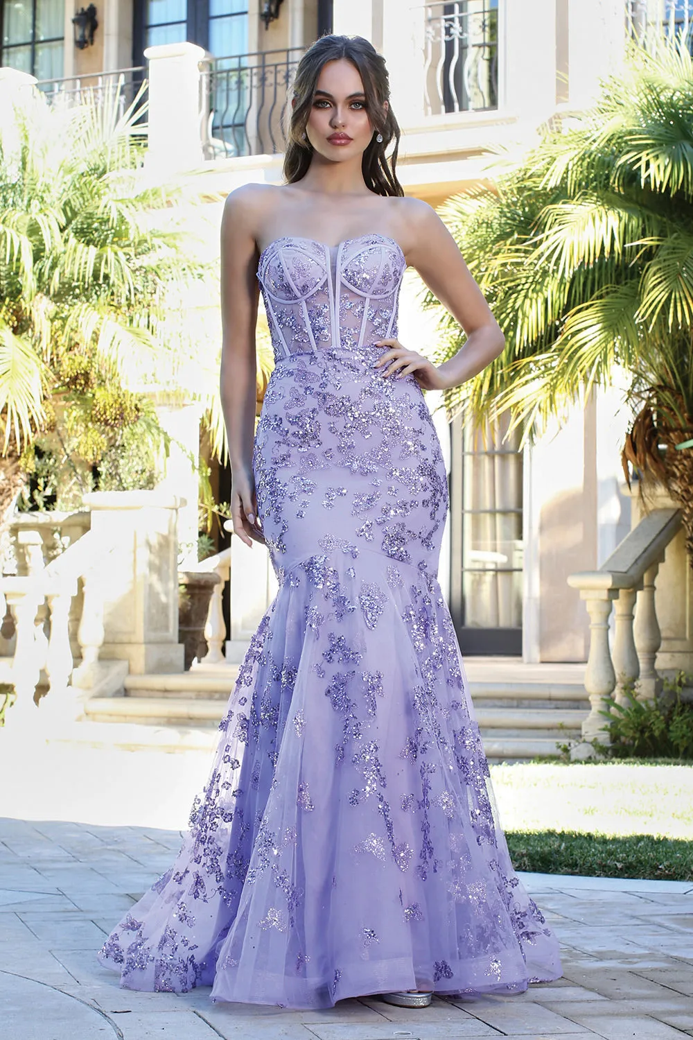 Lavender Sequined Appliqué Strapless Bustier Long Evening Gown