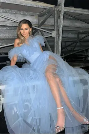 Light Blue Tulle Off Shoulder Long Prom Dresses, Off the Shoulder Formal Dresses, Blue Evening Dresses WT1169