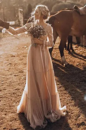 Light Brown Tulle A-line V-neck Long Sleeve Boho Wedding Dresses, SW692