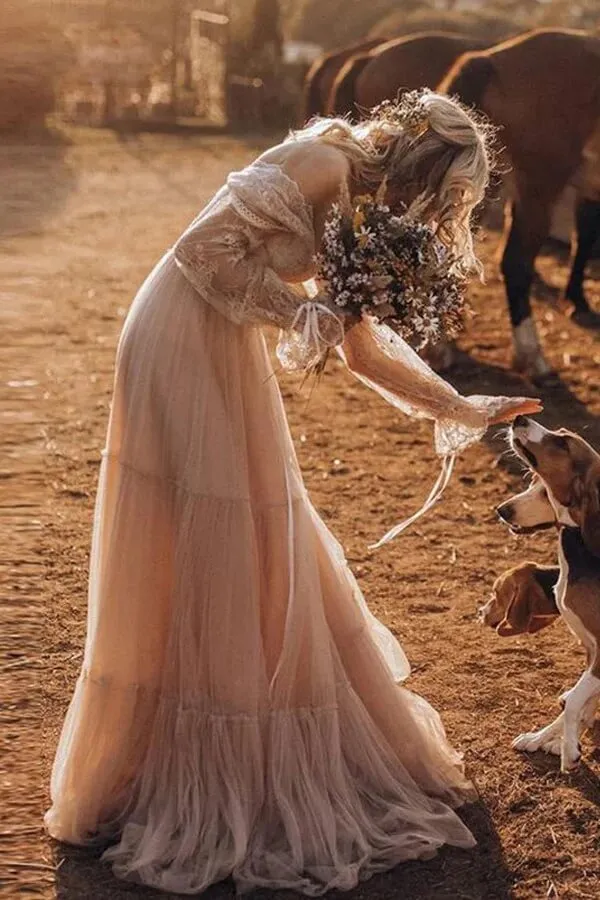 Light Brown Tulle A-line V-neck Long Sleeve Boho Wedding Dresses, SW692