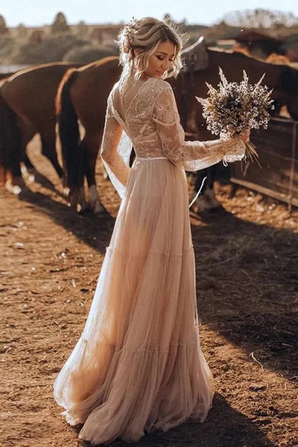 Light Brown Tulle A-line V-neck Long Sleeve Boho Wedding Dresses, SW692