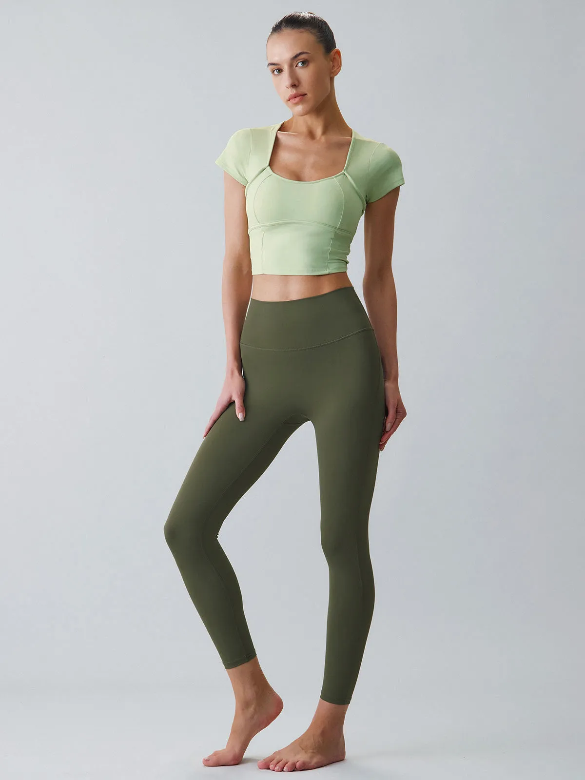 Light Green Twist Cut Out Short Sleeve Top - Light Support