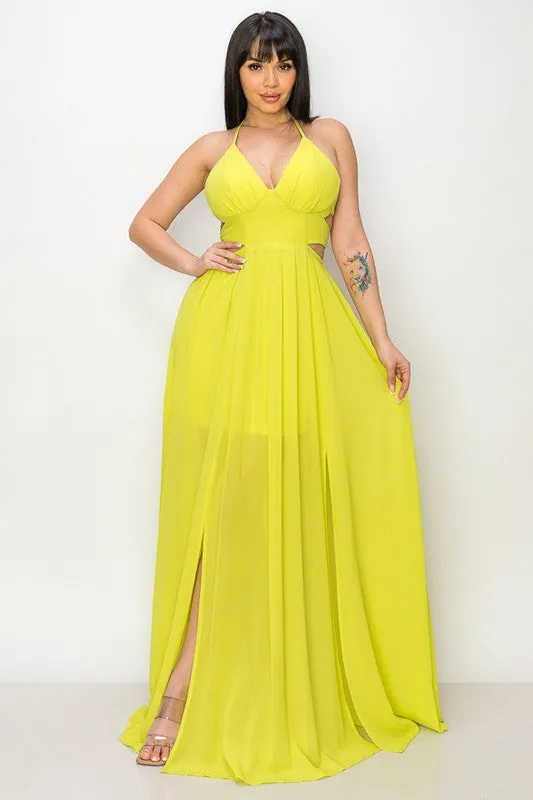 Lime Maxi Dress Tie Neck Double Tie/open Back Slit