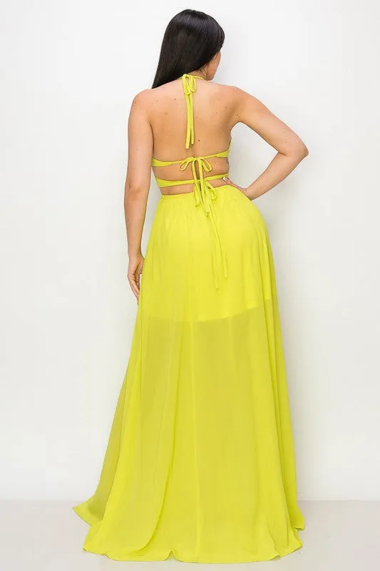 Lime Maxi Dress Tie Neck Double Tie/open Back Slit