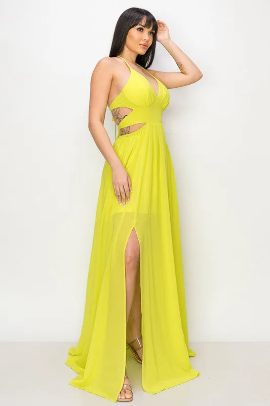 Lime Maxi Dress Tie Neck Double Tie/open Back Slit