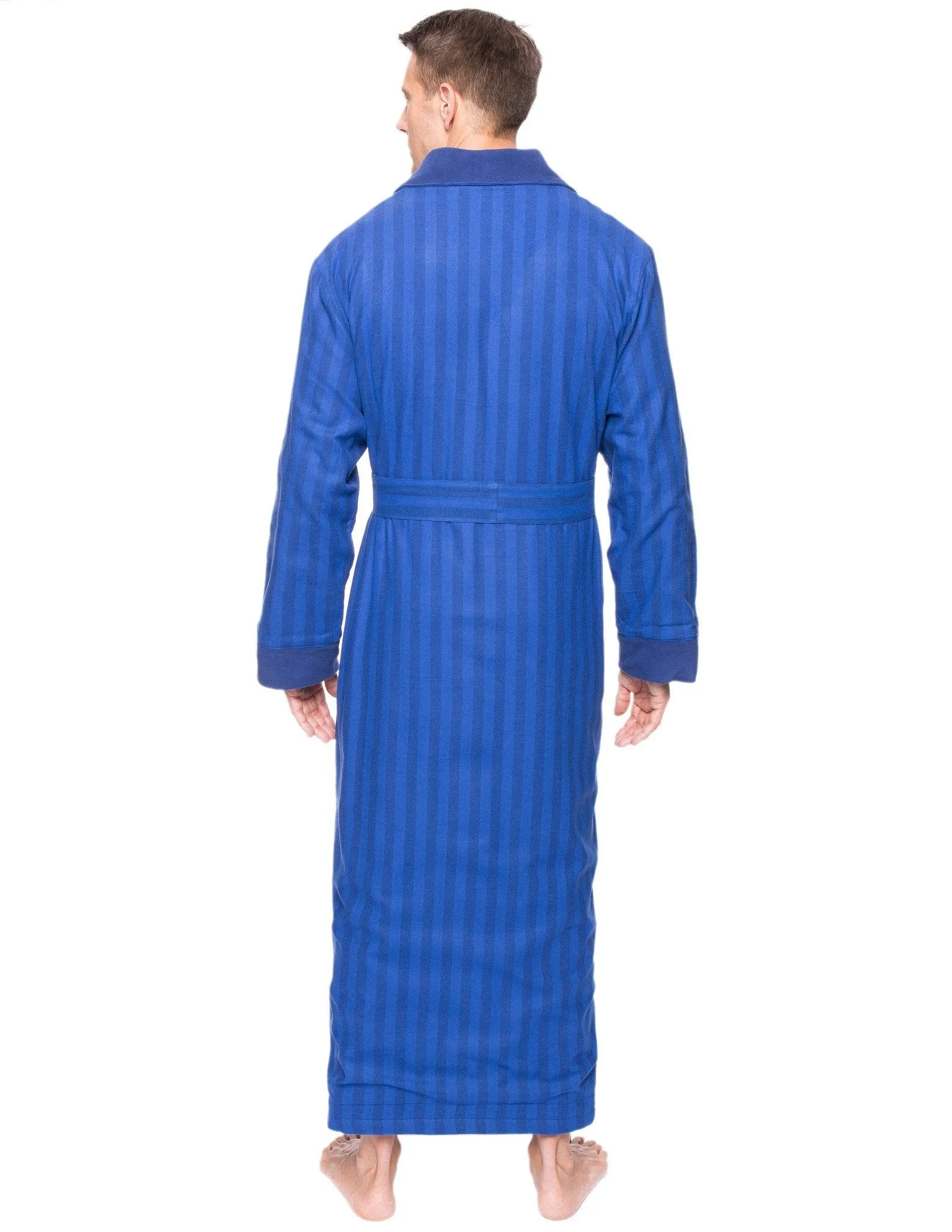 Men's Premium 100% Cotton Flannel Fleece Lined Robe - Stripes Tonal Blue