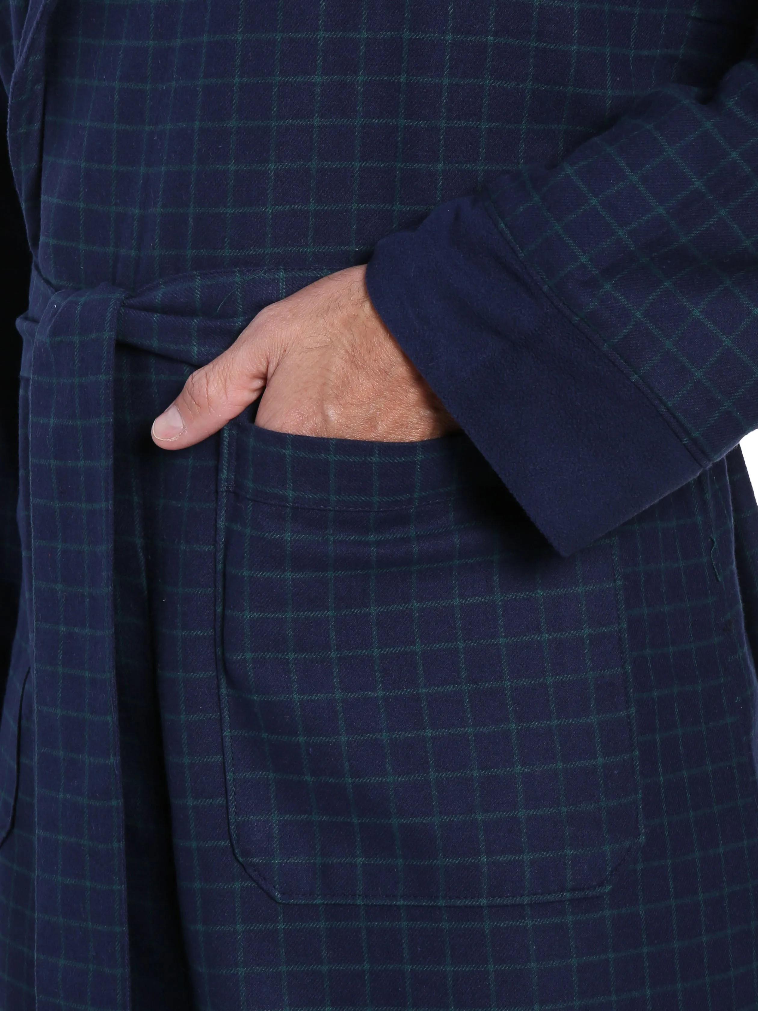 Mens Premium 100% Cotton Flannel Fleece Lined Robe - Windowpane Checks - Navy Green