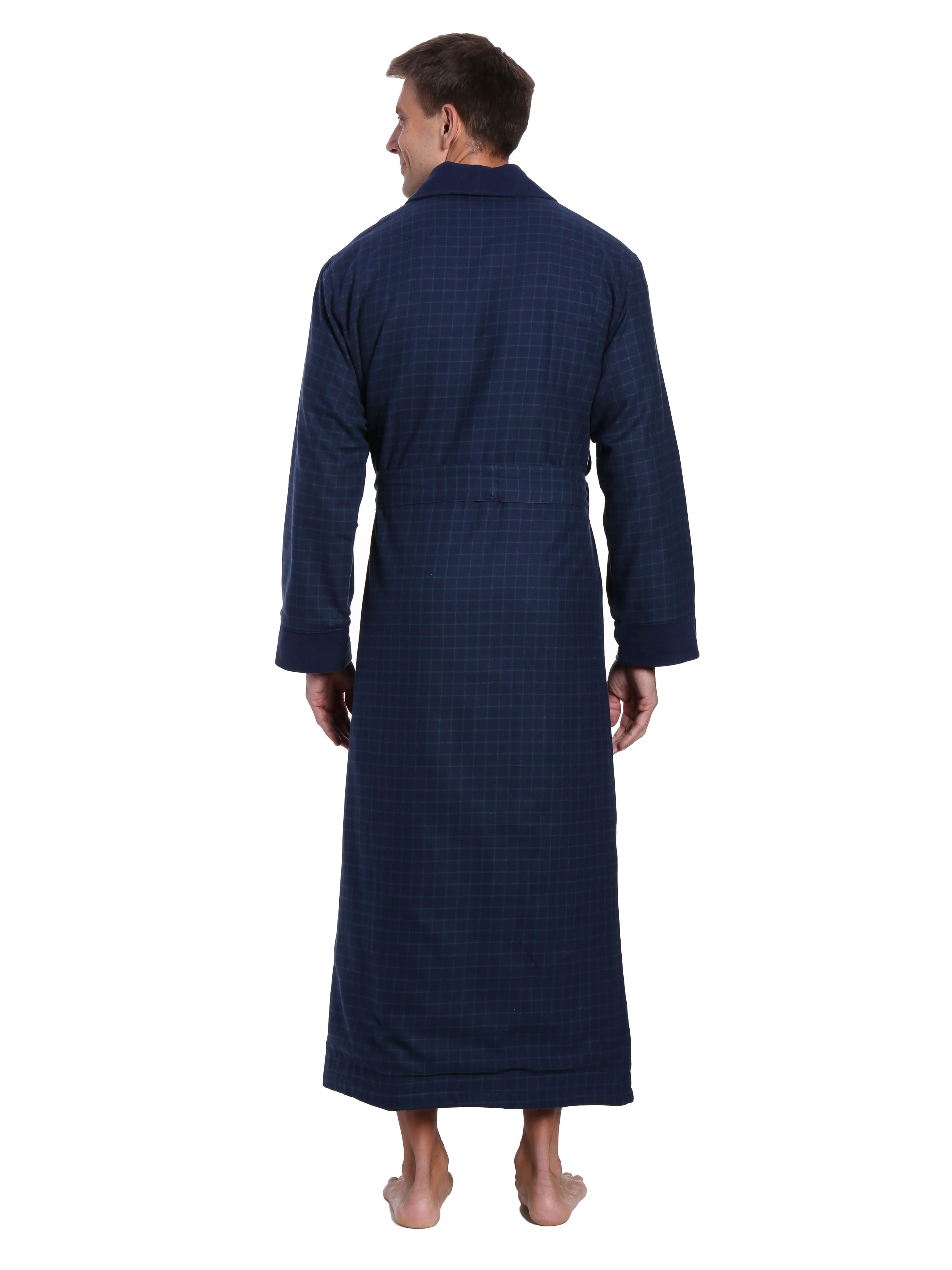 Mens Premium 100% Cotton Flannel Fleece Lined Robe - Windowpane Checks - Navy Green