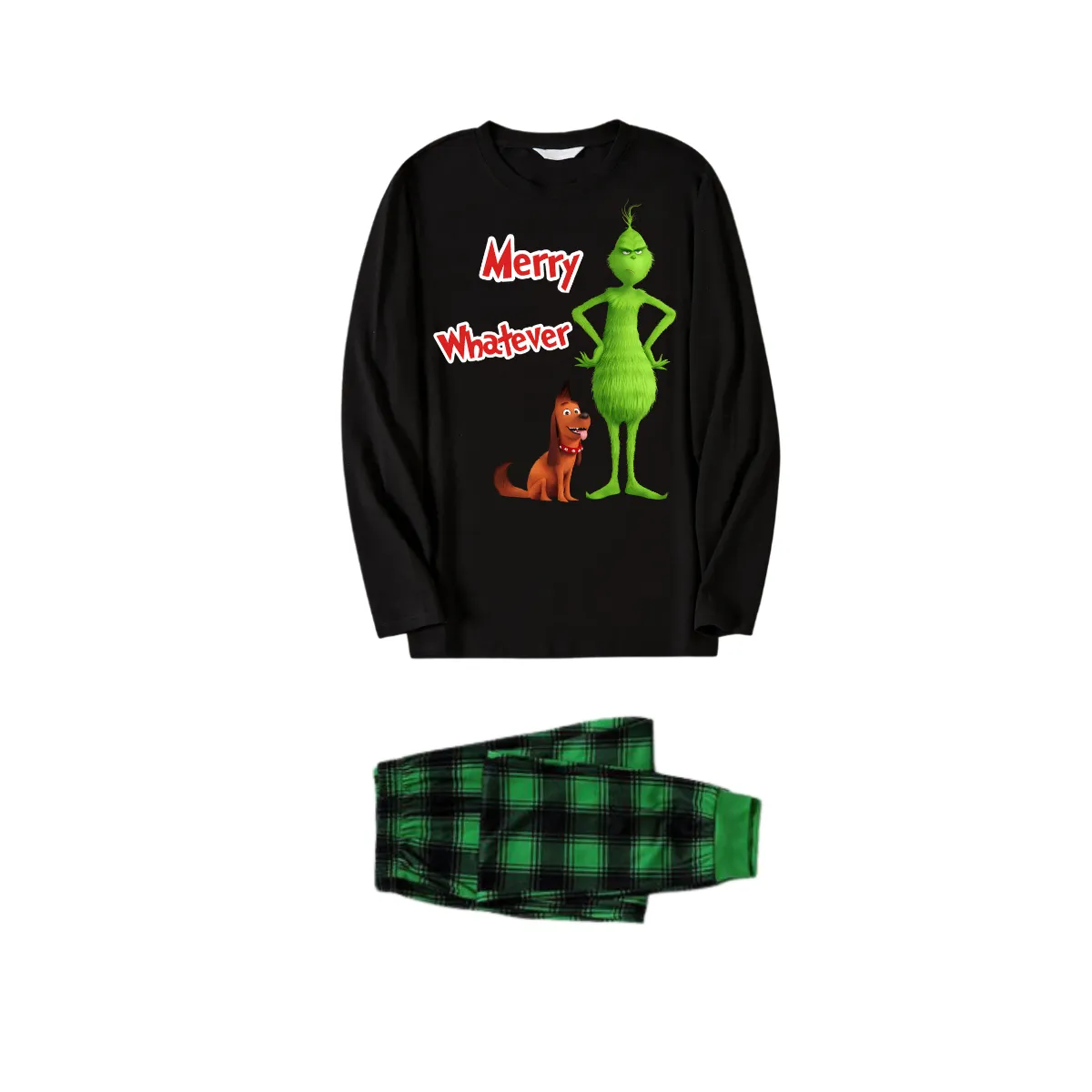 'Merry Whatever' Red Text With Green Cartoon Characters and Dog Pattern Black Top Green Plaid Plaid Pants Family Matching Pajamas