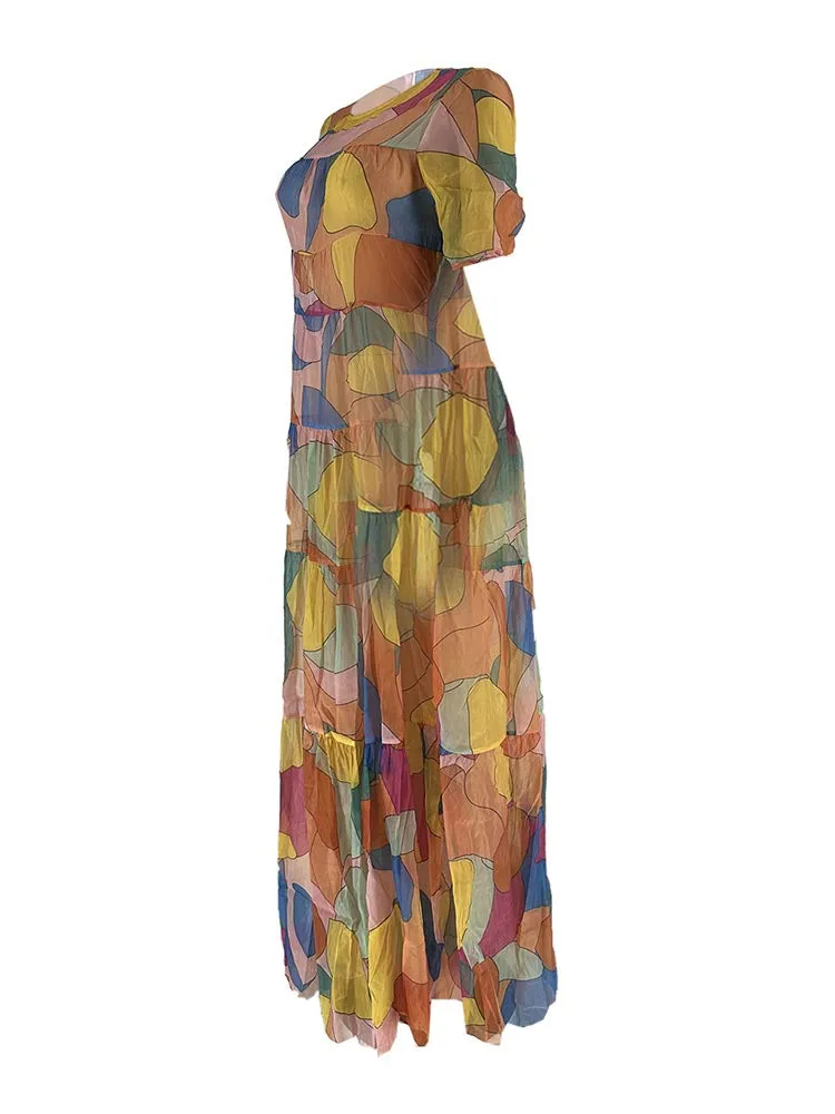 Mesh Short Sleeve Print Flowy Maxi Dresses