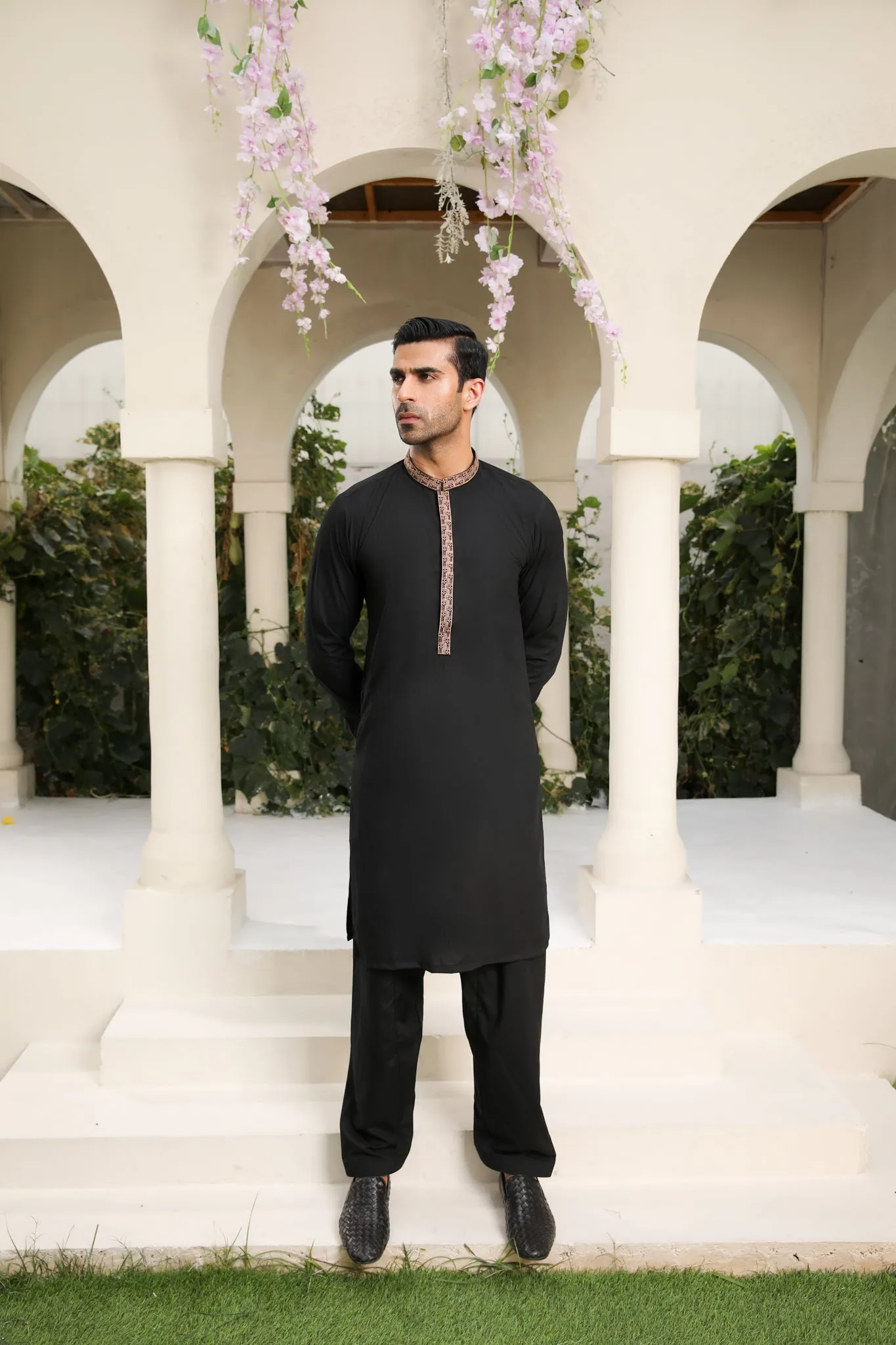 Midnight Black Kameez Shalwar - Collar Neck Embroidered - Men