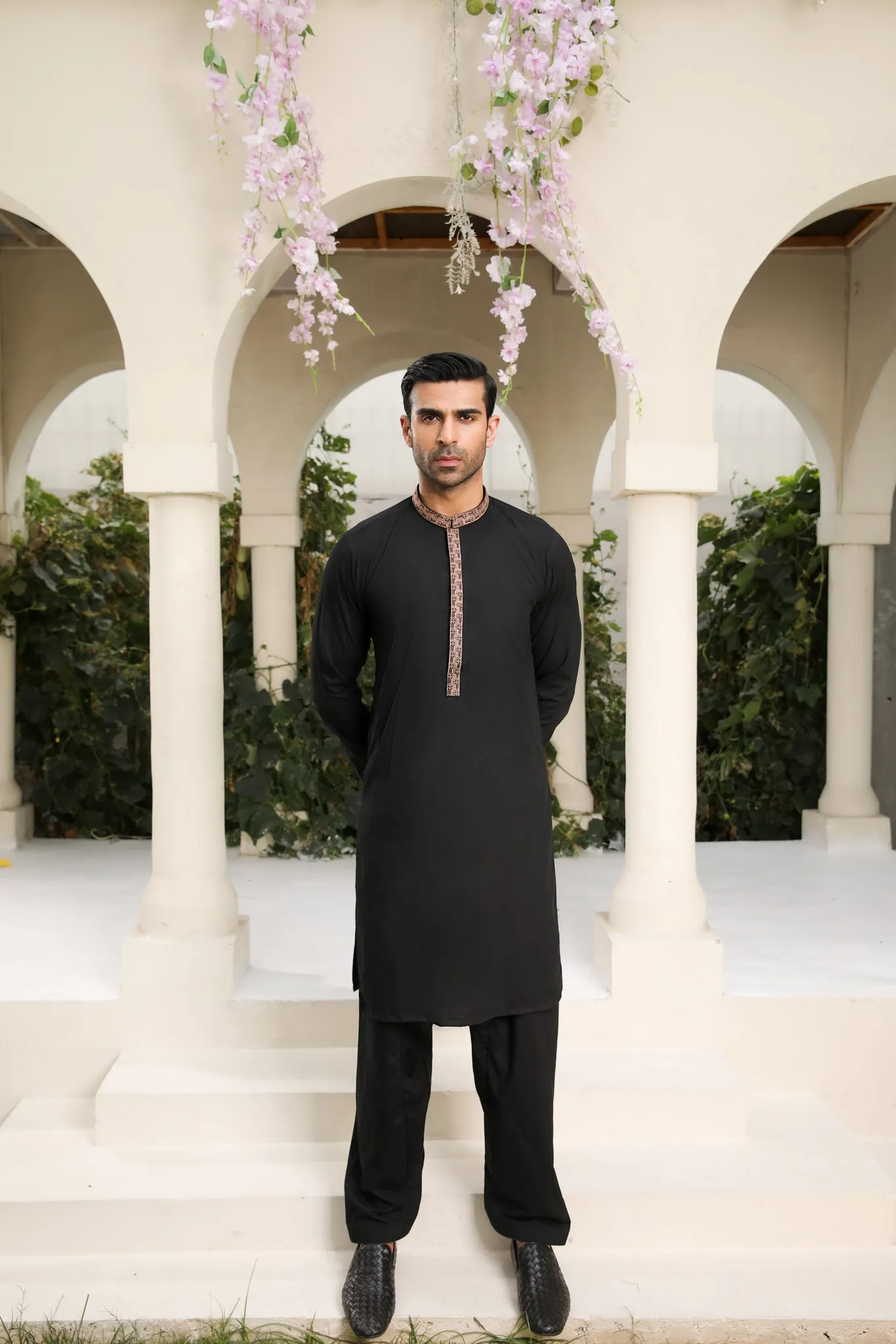 Midnight Black Kameez Shalwar - Collar Neck Embroidered - Men