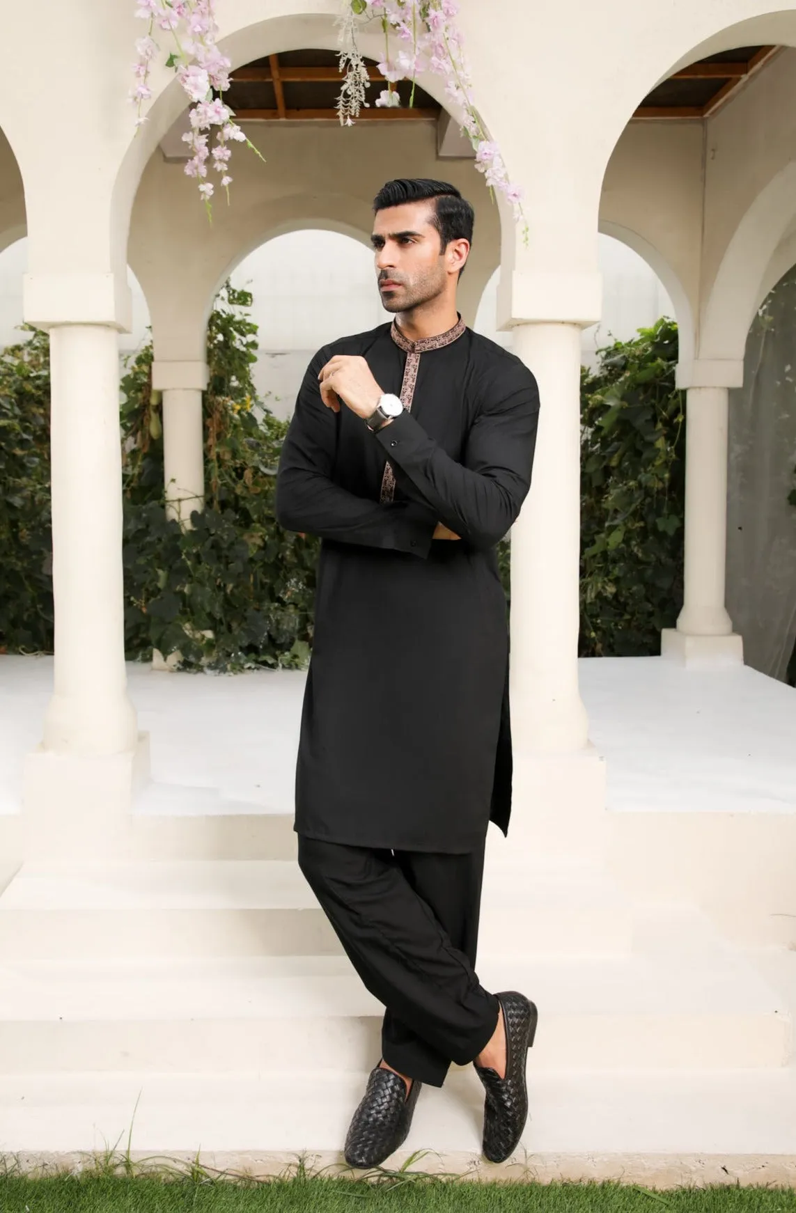 Midnight Black Kameez Shalwar - Collar Neck Embroidered - Men