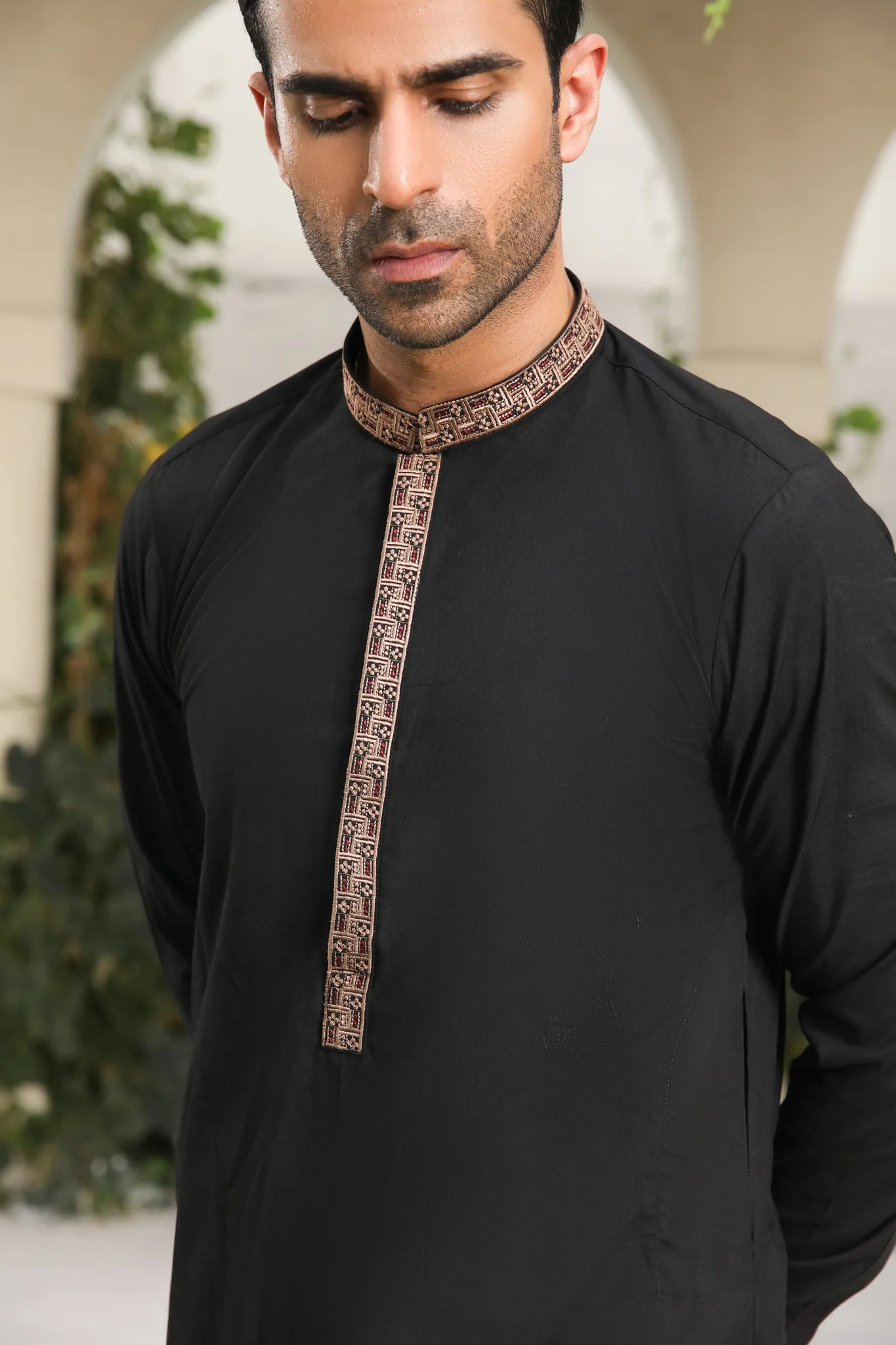 Midnight Black Kameez Shalwar - Collar Neck Embroidered - Men