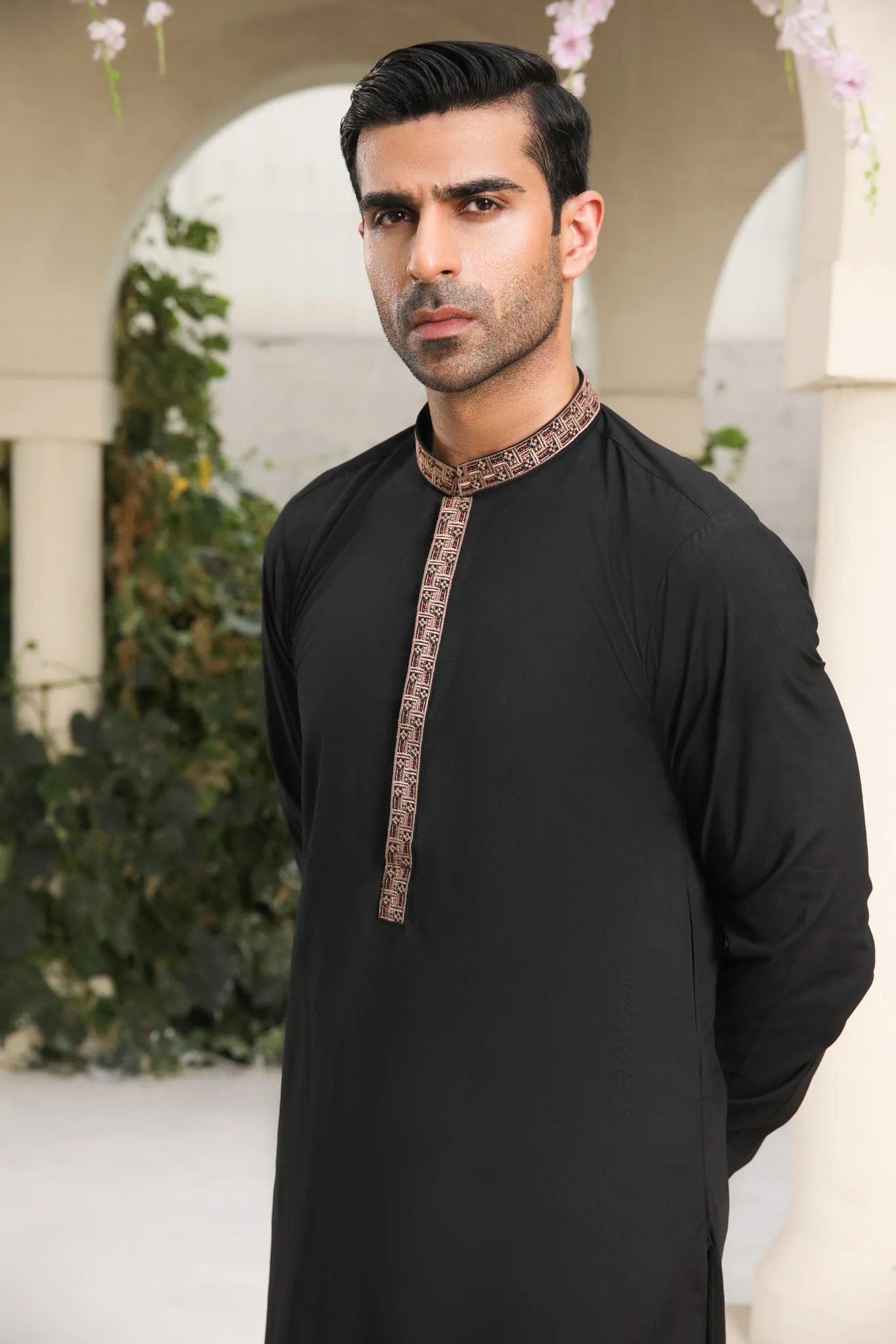 Midnight Black Kameez Shalwar - Collar Neck Embroidered - Men