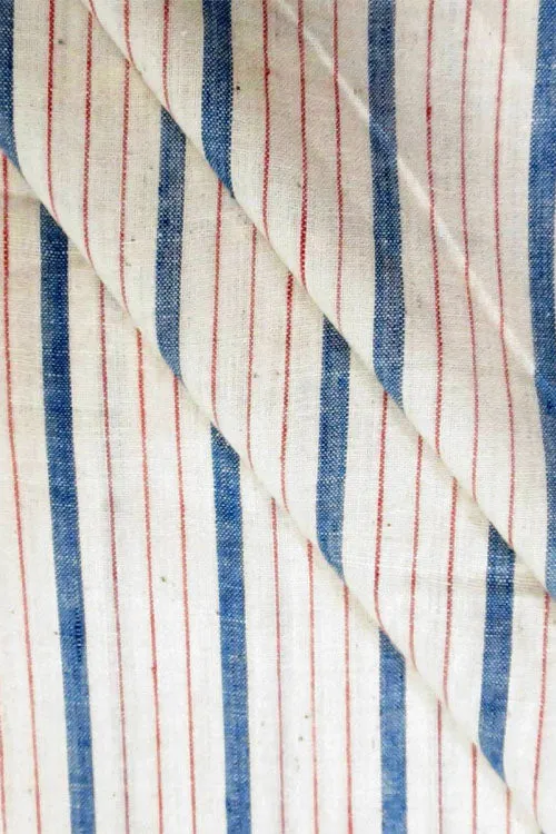 Moralfibre 100% Cotton Handspun Handwoven Light Blue And Light Red Mlulti  Stripe Fabric